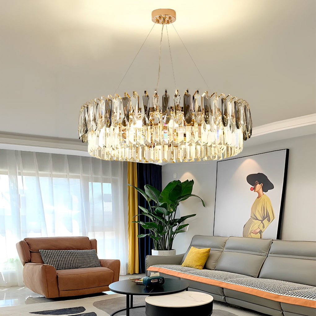 Luxury Modern Gold Crystal Chandelier Round Double Layer Tiered Ceiling Light Fixture