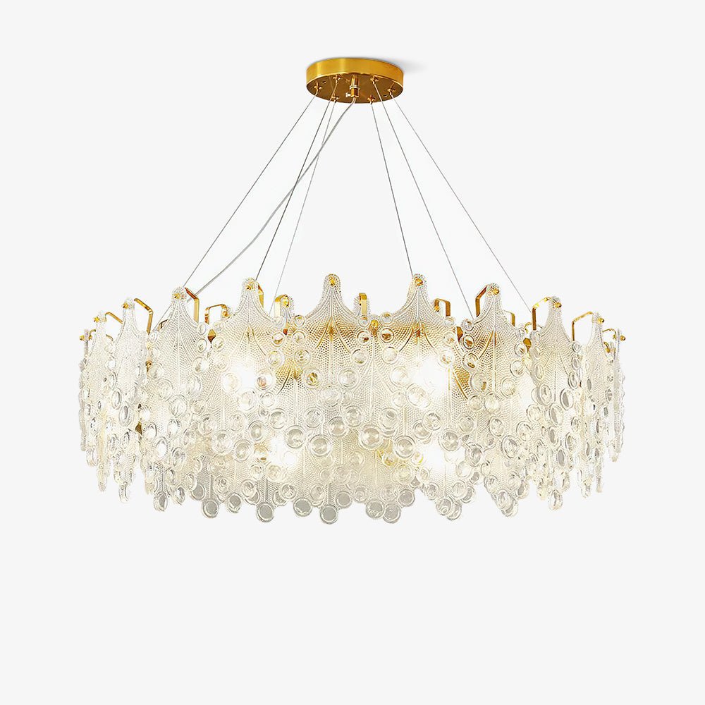 Luxury Modern Layered Engraved Glass Chandelier Gold Round Pendant Light