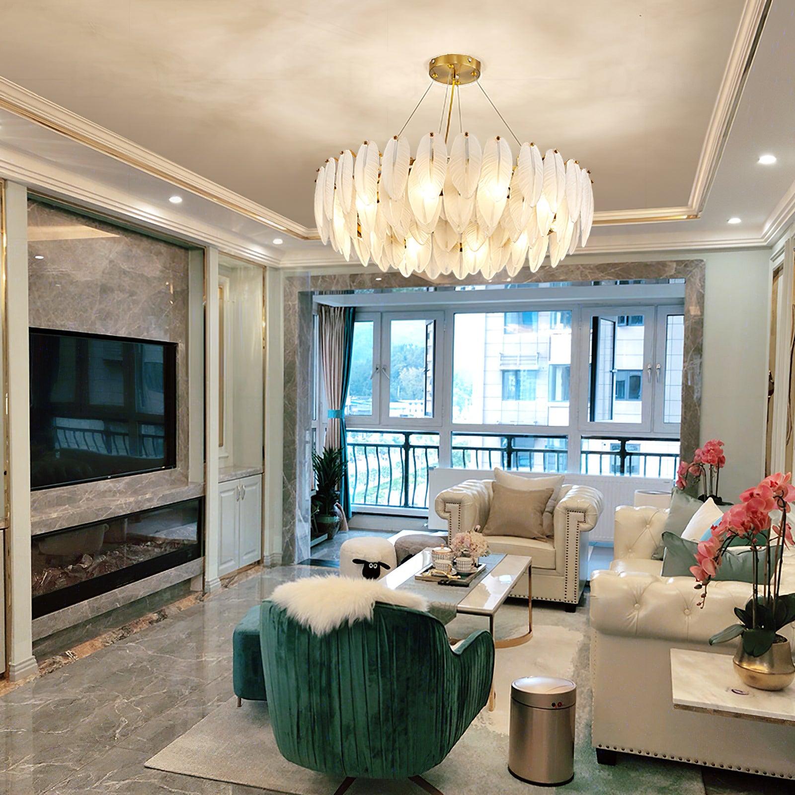Luxury Modern Layered Engraved Glass Chandelier Gold Round Pendant Light