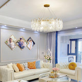 Luxury Modern Layered Engraved Glass Chandelier Gold Round Pendant Light
