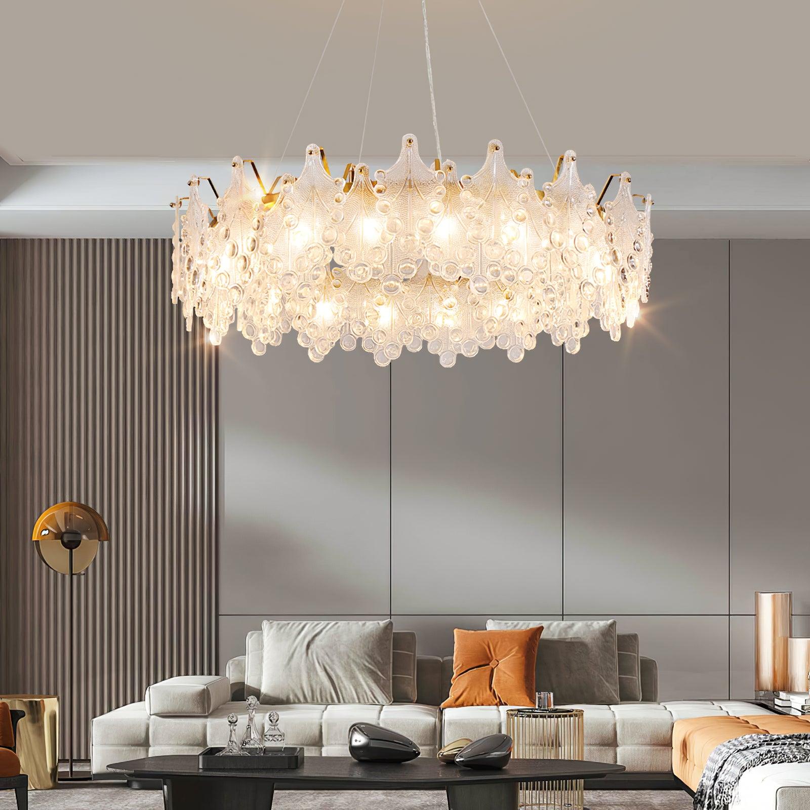 Luxury Modern Layered Engraved Glass Chandelier Gold Round Pendant Light