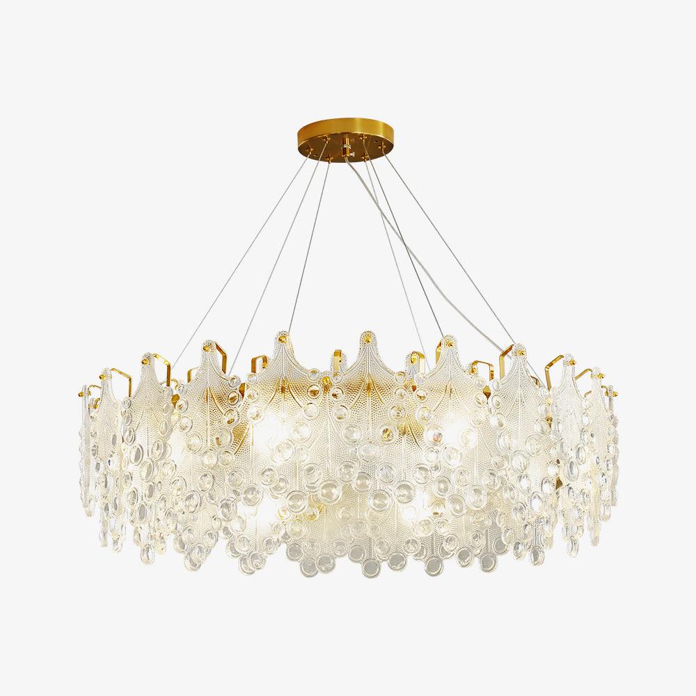 Luxury Modern Layered Engraved Glass Chandelier Gold Round Pendant Light