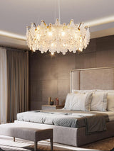 Luxury Modern Layered Engraved Glass Chandelier Gold Round Pendant Light