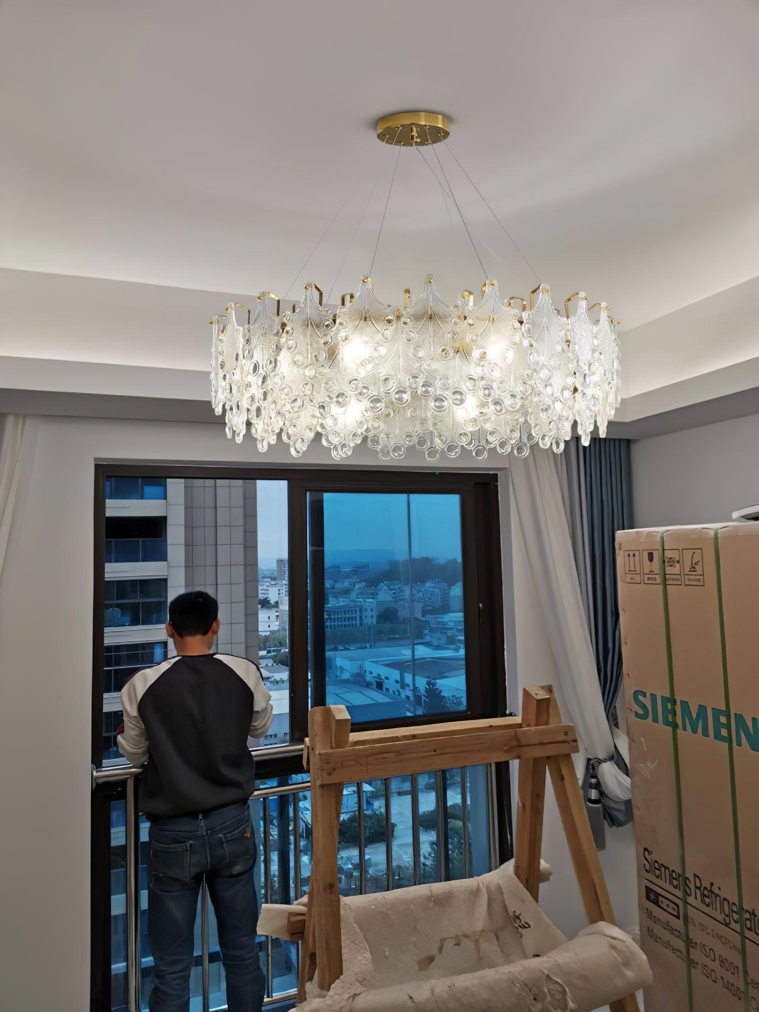 Luxury Modern Layered Engraved Glass Chandelier Gold Round Pendant Light