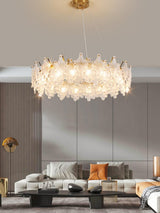 Luxury Modern Layered Engraved Glass Chandelier Gold Round Pendant Light