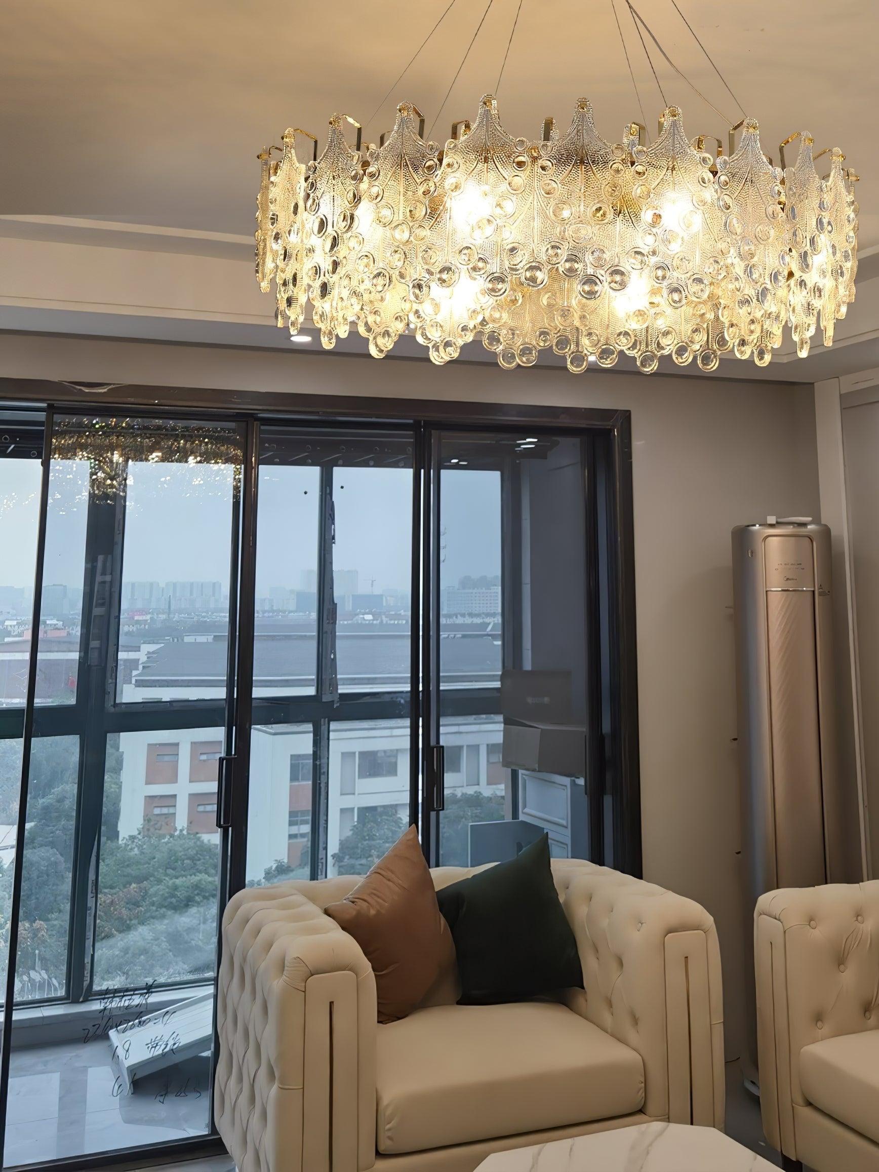 Luxury Modern Layered Engraved Glass Chandelier Gold Round Pendant Light