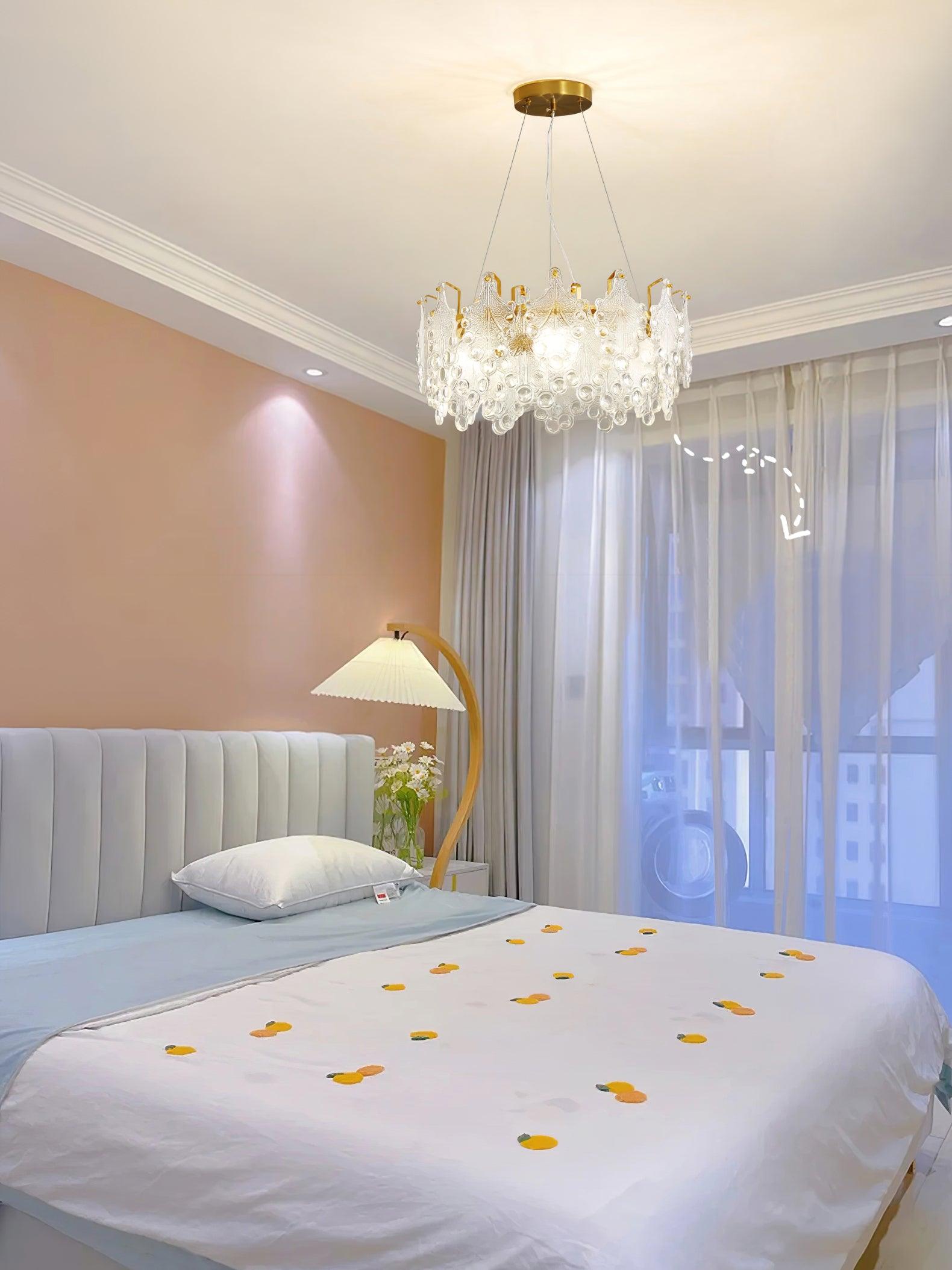 Luxury Modern Layered Engraved Glass Chandelier Gold Round Pendant Light