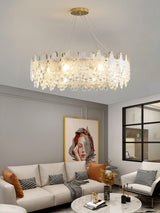 Luxury Modern Layered Engraved Glass Chandelier Gold Round Pendant Light