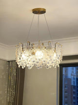 Luxury Modern Layered Engraved Glass Chandelier Gold Round Pendant Light