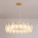Luxury Modern Layered Engraved Glass Chandelier Gold Round Pendant Light