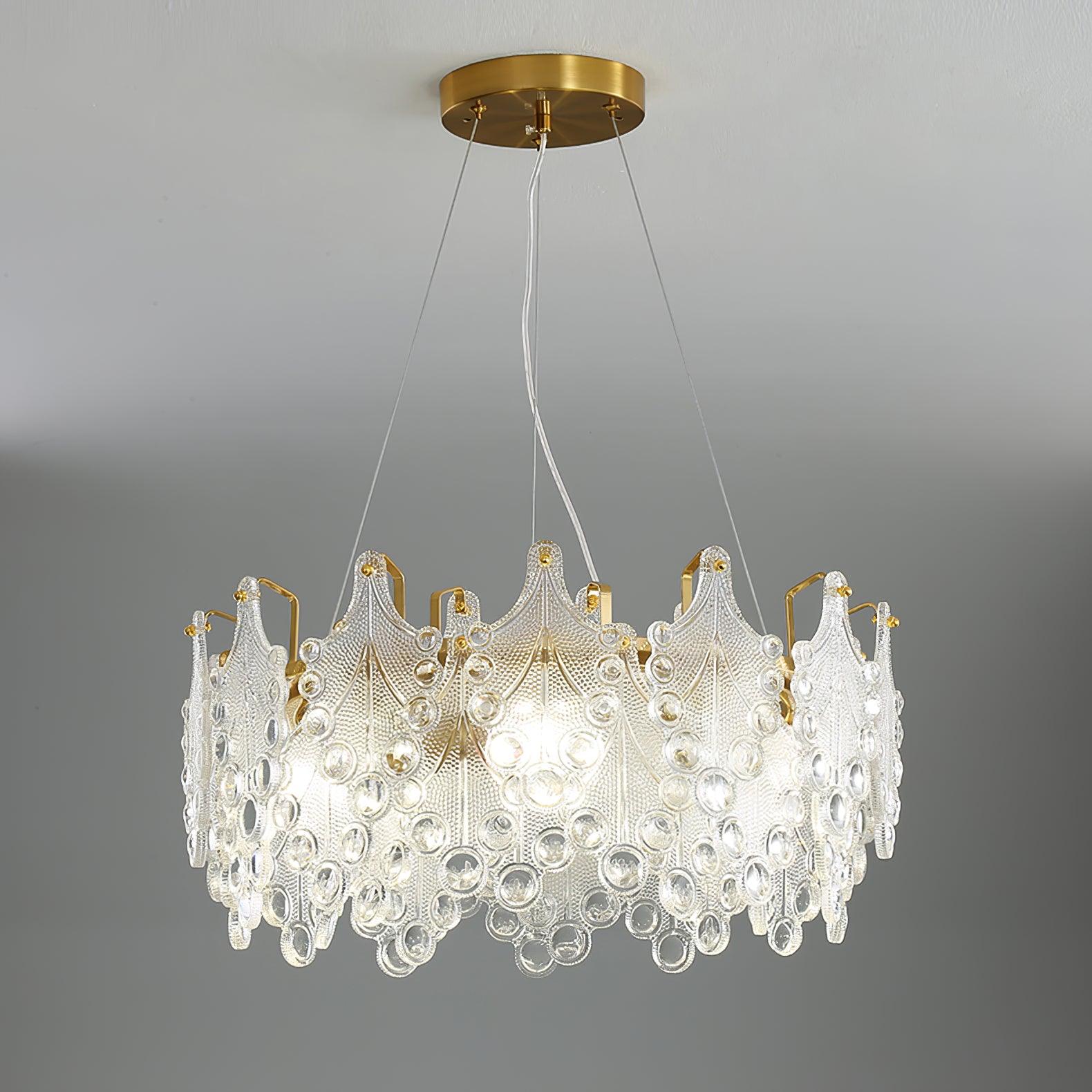Luxury Modern Layered Engraved Glass Chandelier Gold Round Pendant Light