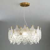 Luxury Modern Layered Engraved Glass Chandelier Gold Round Pendant Light
