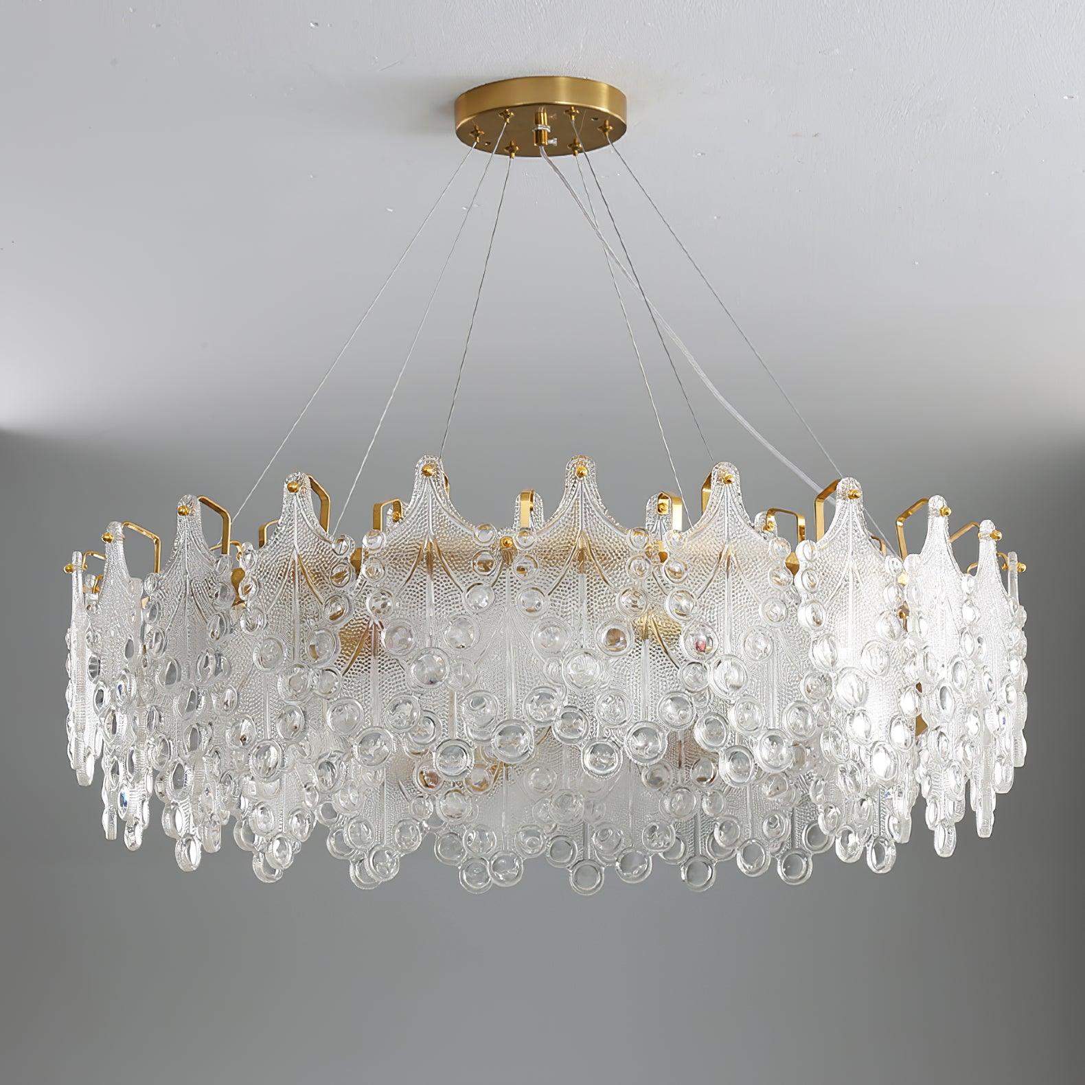 Luxury Modern Layered Engraved Glass Chandelier Gold Round Pendant Light