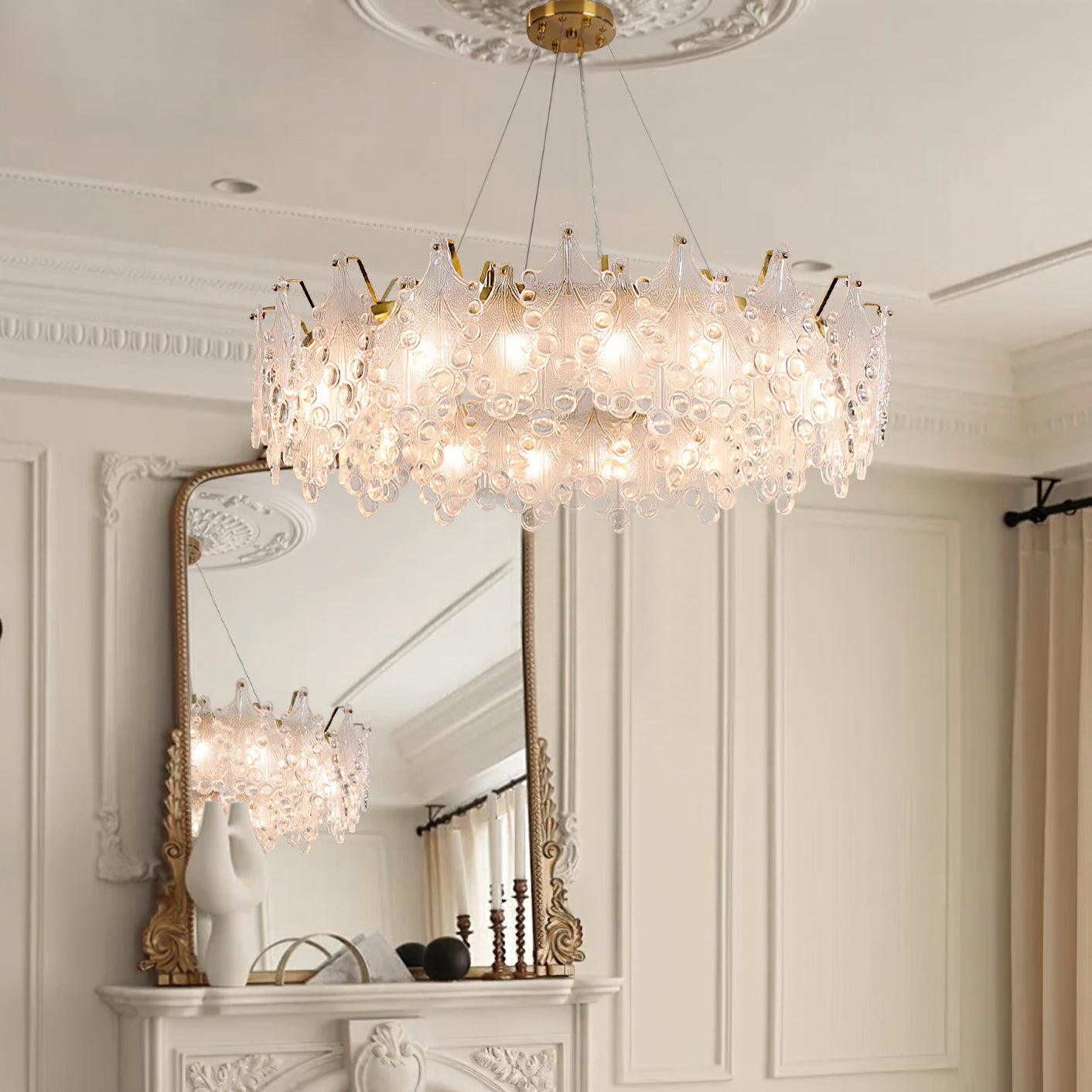 Luxury Modern Layered Engraved Glass Chandelier Gold Round Pendant Light
