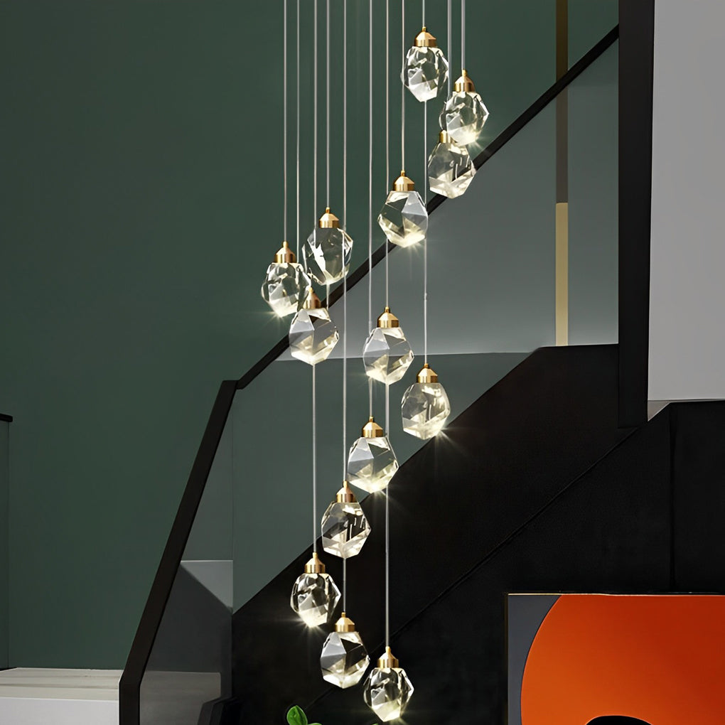 Luxury Modern Spiral Crystal Staircase Chandelier Gold Electroplated Metal Light for High Ceiling Foyer