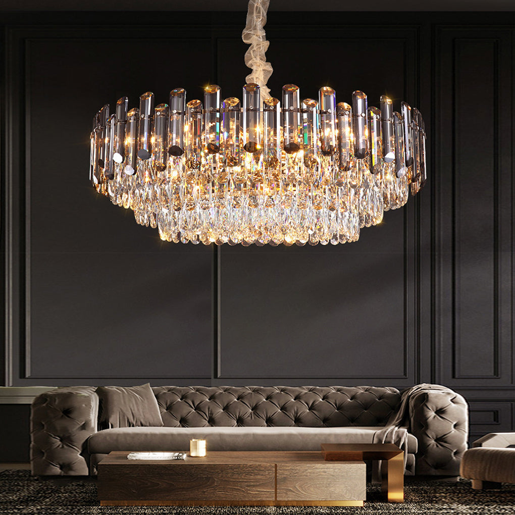 Luxury Multi Tier Crystal Chandelier Modern Gold Electroplated Metal Pendant Ceiling Light