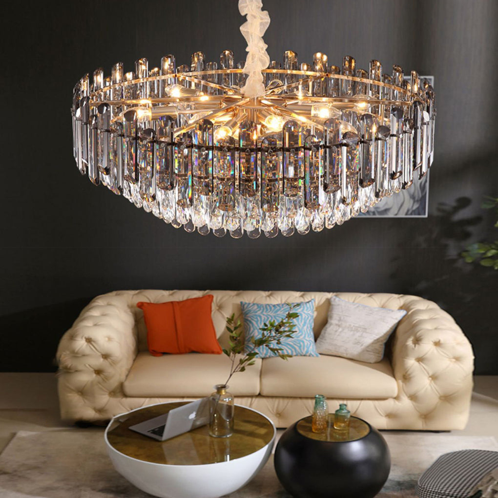 Luxury Multi Tier Crystal Chandelier Modern Gold Electroplated Metal Pendant Ceiling Light