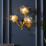 Luxury Postmodern Maple Leaf Glass Wall Light Three Color Dimming Gold Sconce for Bedside