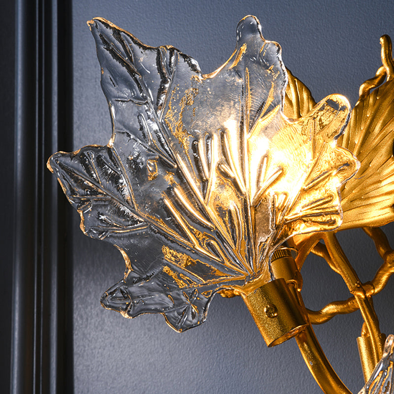 Luxury Postmodern Maple Leaf Glass Wall Light Three Color Dimming Gold Sconce for Bedside