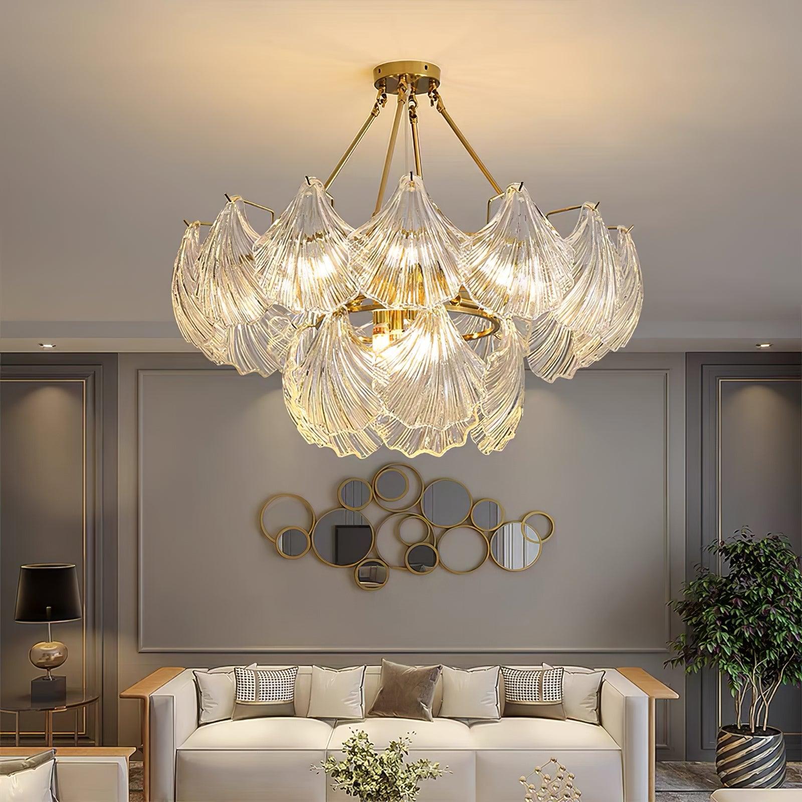 luxury-ribbed-glass-shell-pendant-chandelier-brass-finish-modern-ceiling-light-fixture