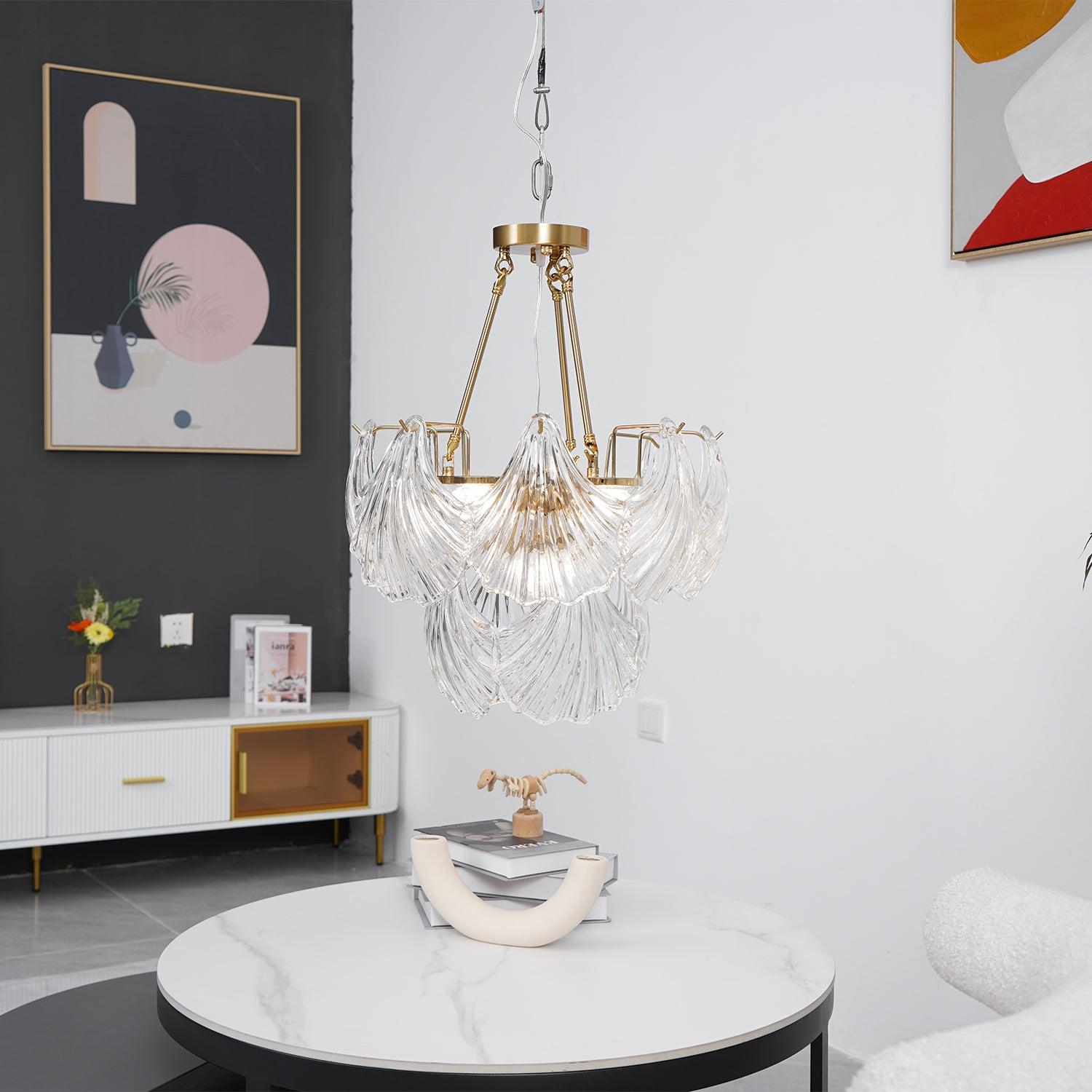 luxury-ribbed-glass-shell-pendant-chandelier-brass-finish-modern-ceiling-light-fixture