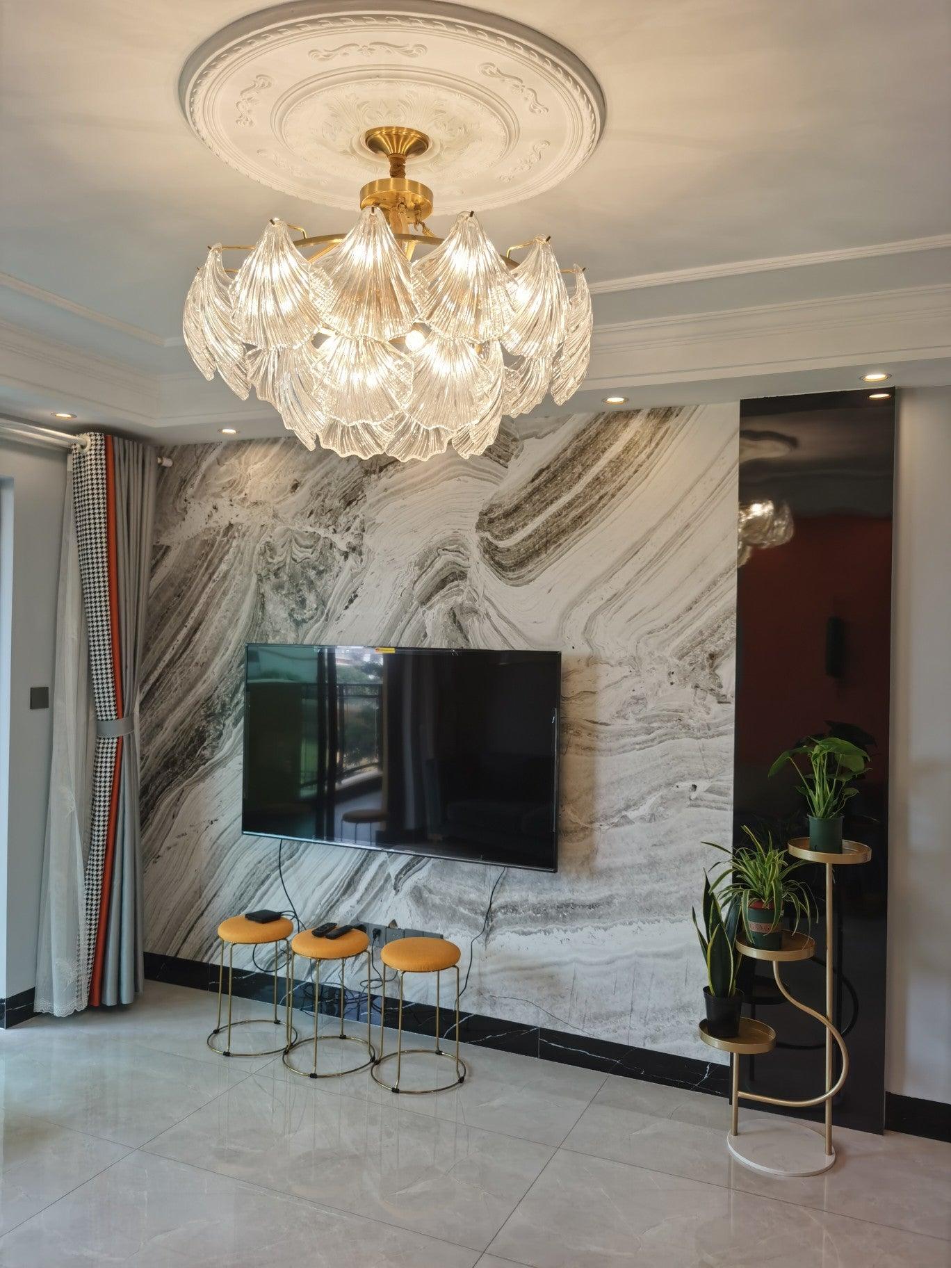 luxury-ribbed-glass-shell-pendant-chandelier-brass-finish-modern-ceiling-light-fixture