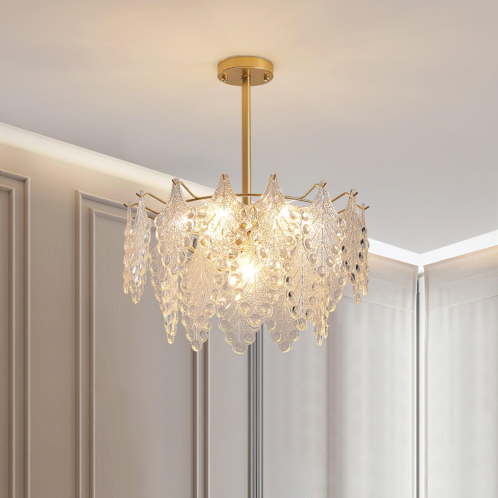 Luxury Tiered Carved Glass Chandelier Modern Wrought Iron Hanging Ceiling Lamp