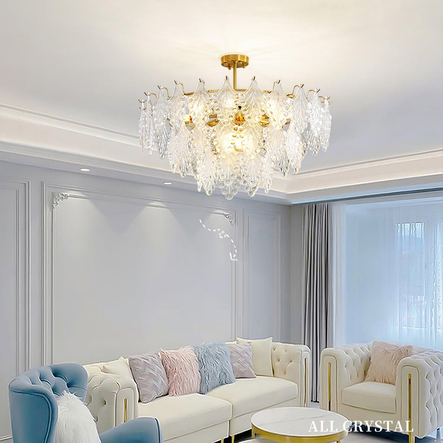 Luxury Tiered Carved Glass Chandelier Modern Wrought Iron Hanging Ceiling Lamp