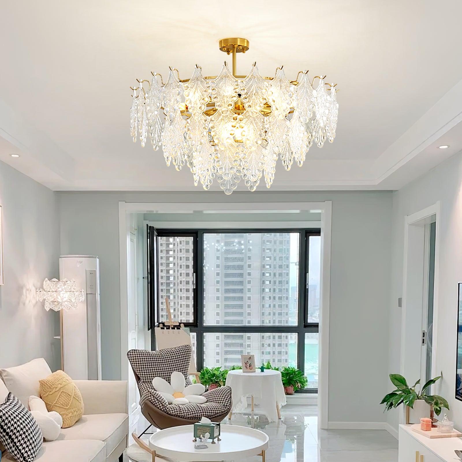 Luxury Tiered Carved Glass Chandelier Modern Wrought Iron Hanging Ceiling Lamp