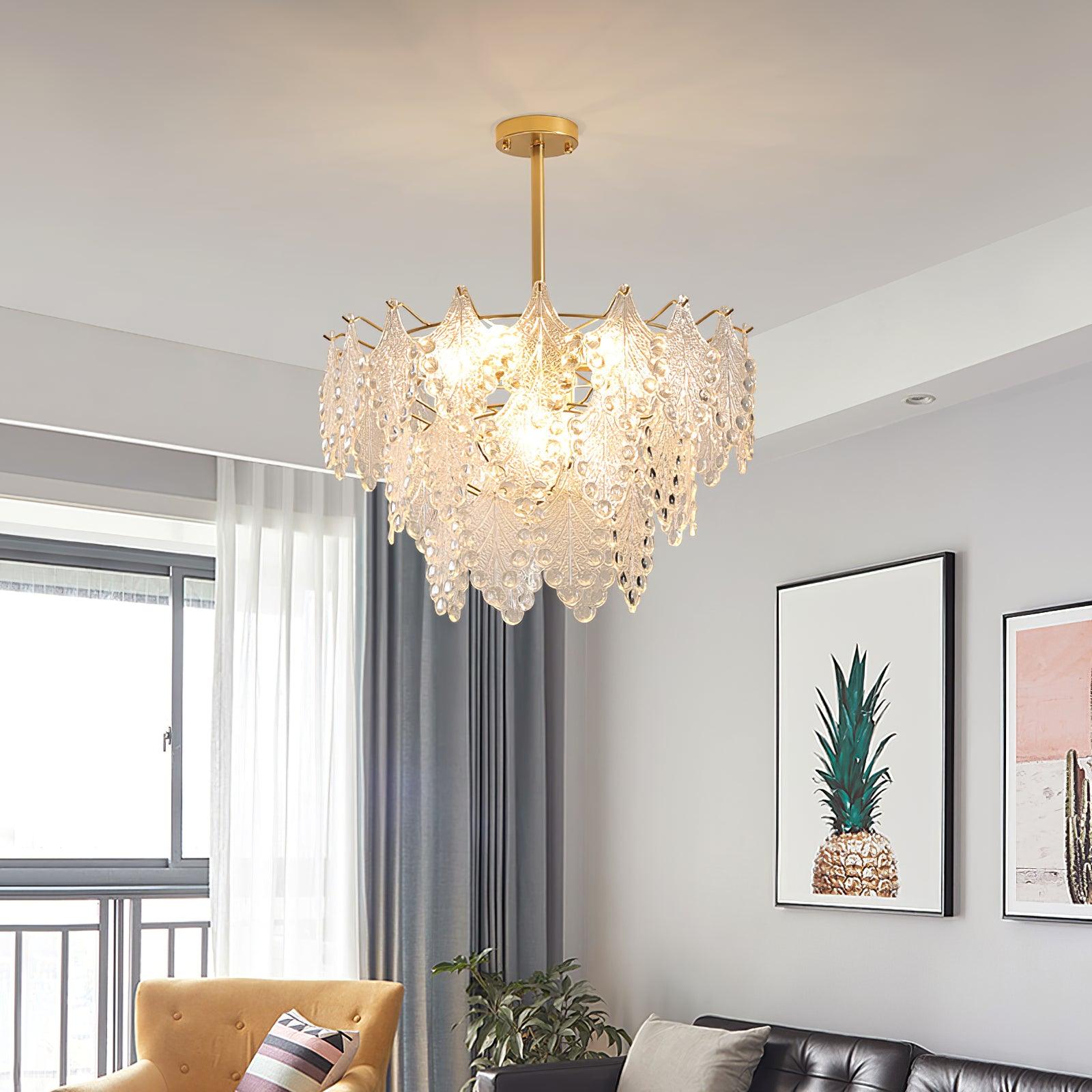 Luxury Tiered Carved Glass Chandelier Modern Wrought Iron Hanging Ceiling Lamp