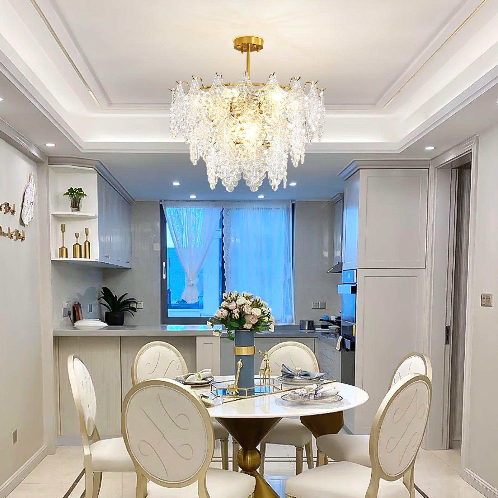 Luxury Tiered Carved Glass Chandelier Modern Wrought Iron Hanging Ceiling Lamp