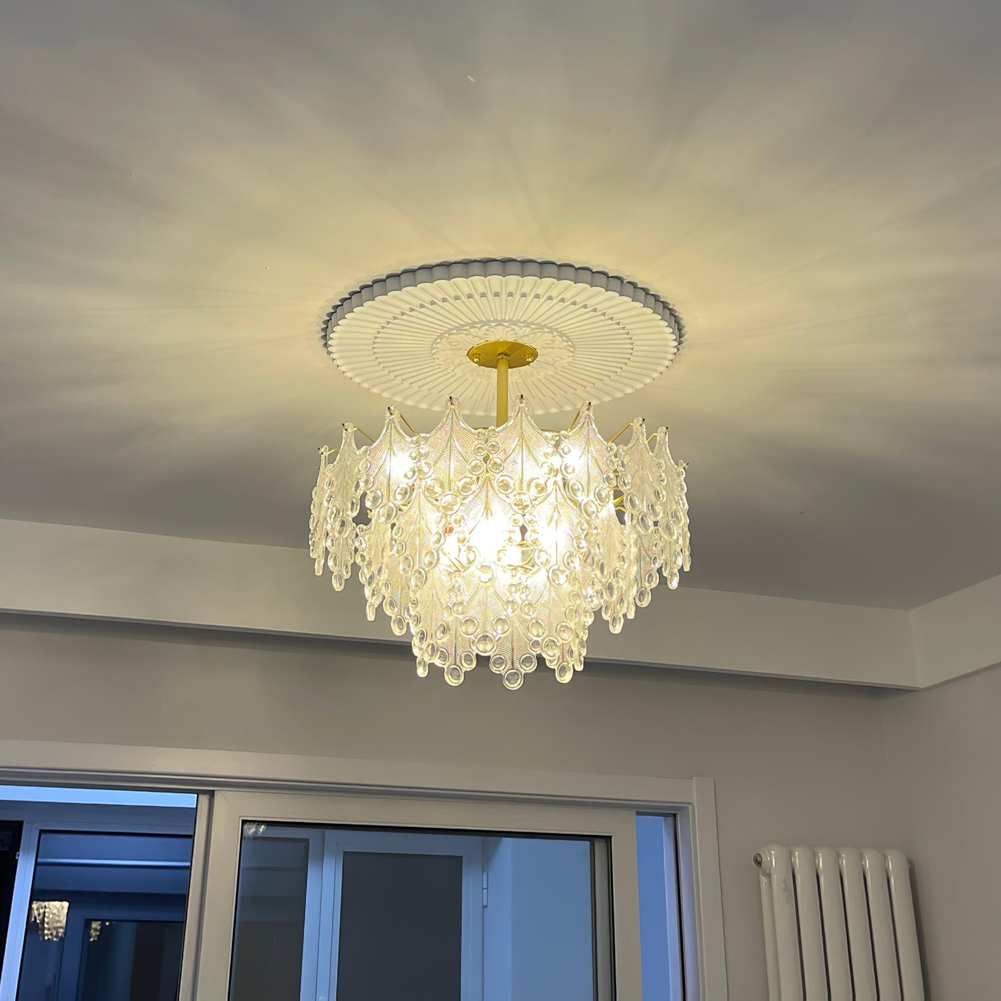 Luxury Tiered Carved Glass Chandelier Modern Wrought Iron Hanging Ceiling Lamp