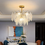 Luxury Tiered Carved Glass Chandelier Modern Wrought Iron Hanging Ceiling Lamp
