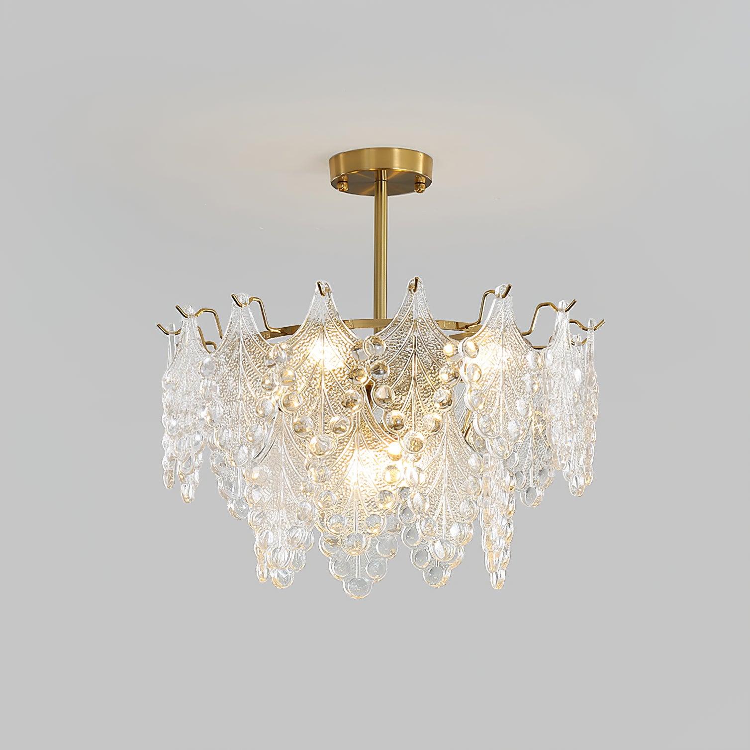 Luxury Tiered Carved Glass Chandelier Modern Wrought Iron Hanging Ceiling Lamp