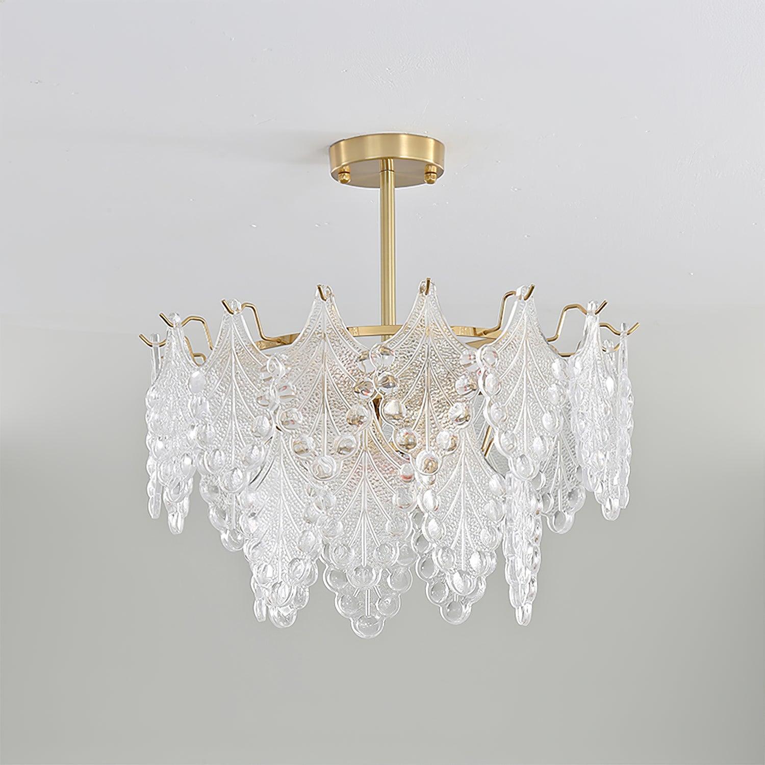 Luxury Tiered Carved Glass Chandelier Modern Wrought Iron Hanging Ceiling Lamp
