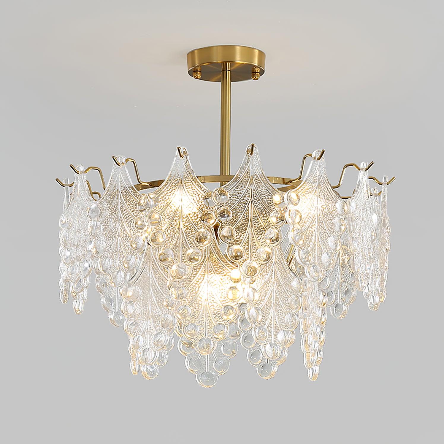 Luxury Tiered Carved Glass Chandelier Modern Wrought Iron Hanging Ceiling Lamp