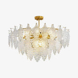Luxury Tiered Carved Glass Chandelier Modern Wrought Iron Hanging Ceiling Lamp