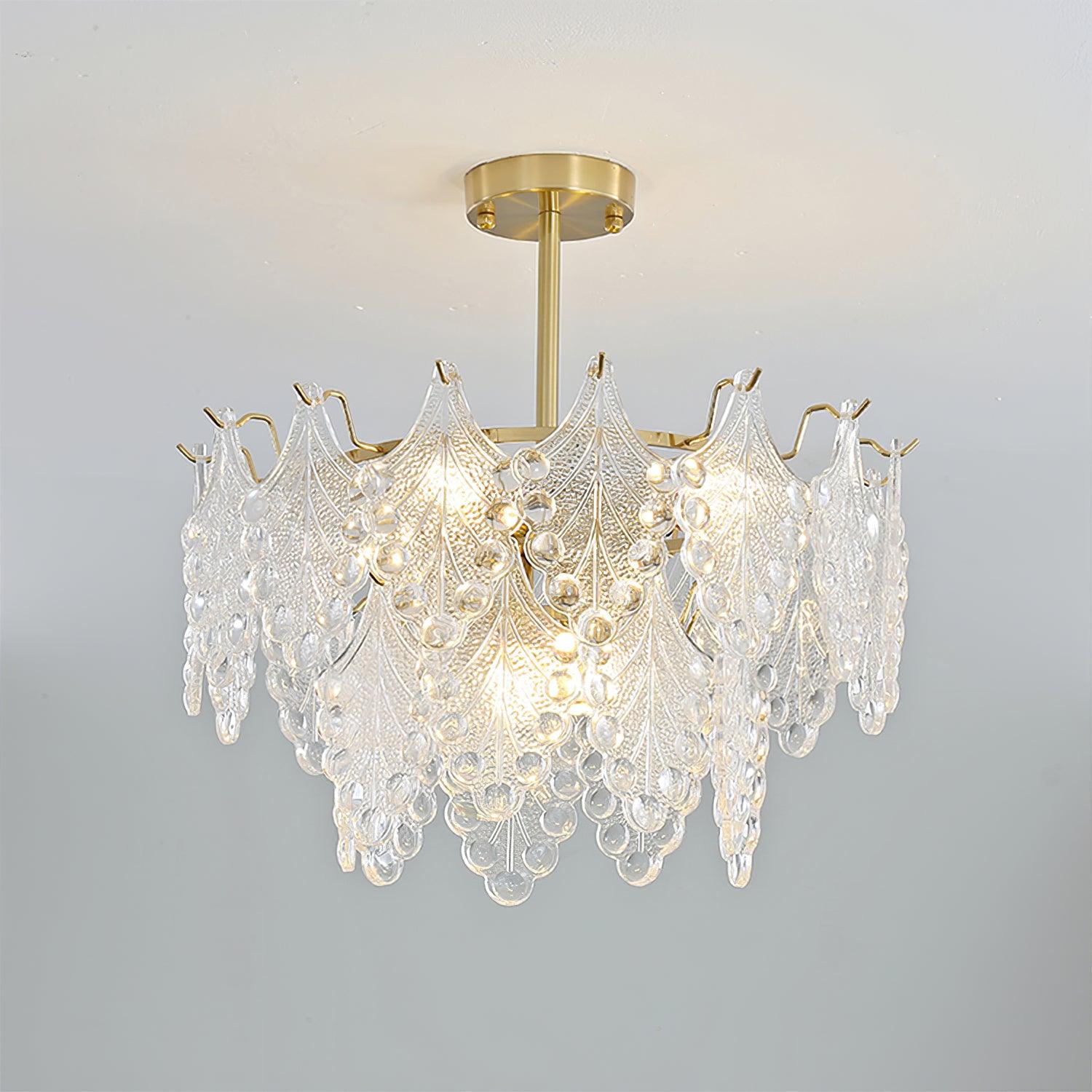Luxury Tiered Carved Glass Chandelier Modern Wrought Iron Hanging Ceiling Lamp