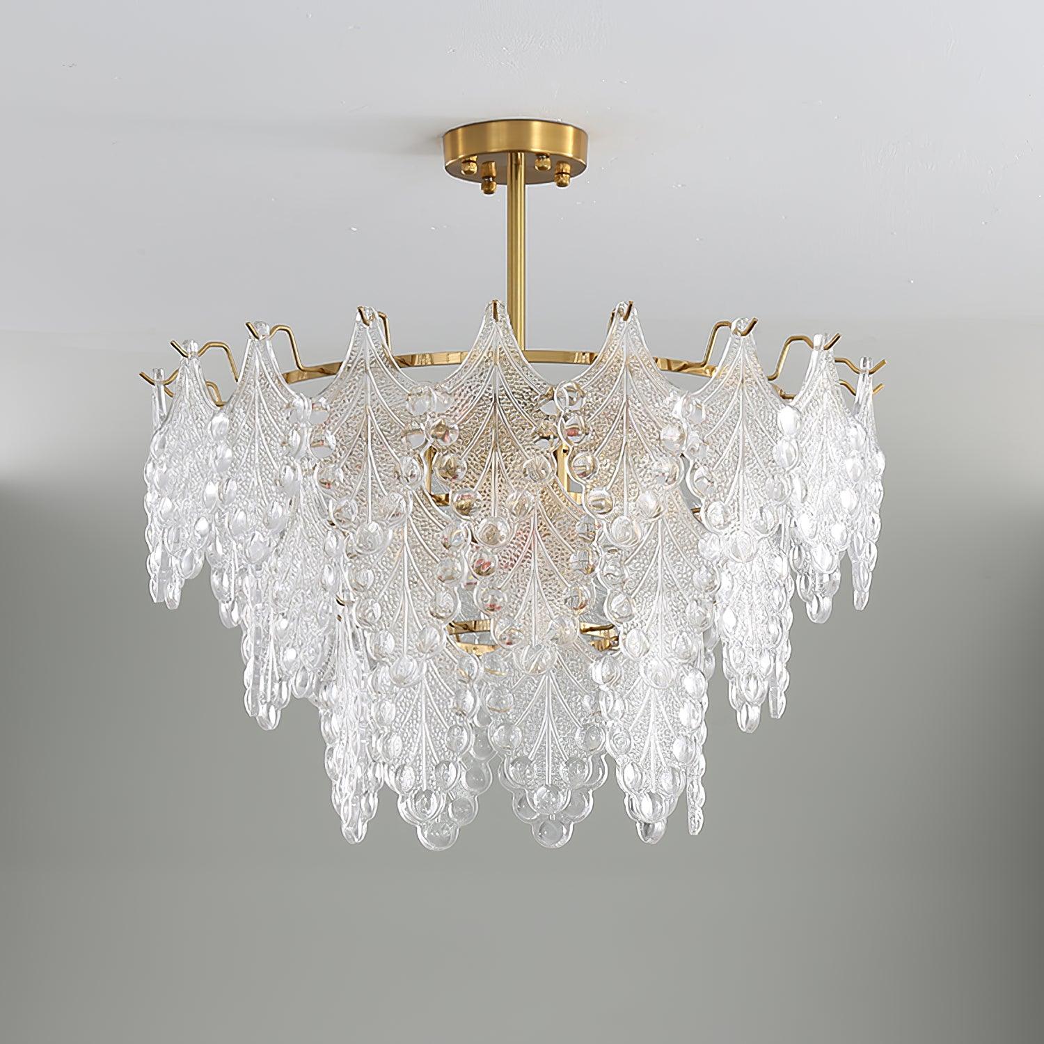 Luxury Tiered Carved Glass Chandelier Modern Wrought Iron Hanging Ceiling Lamp