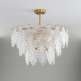 Luxury Tiered Carved Glass Chandelier Modern Wrought Iron Hanging Ceiling Lamp