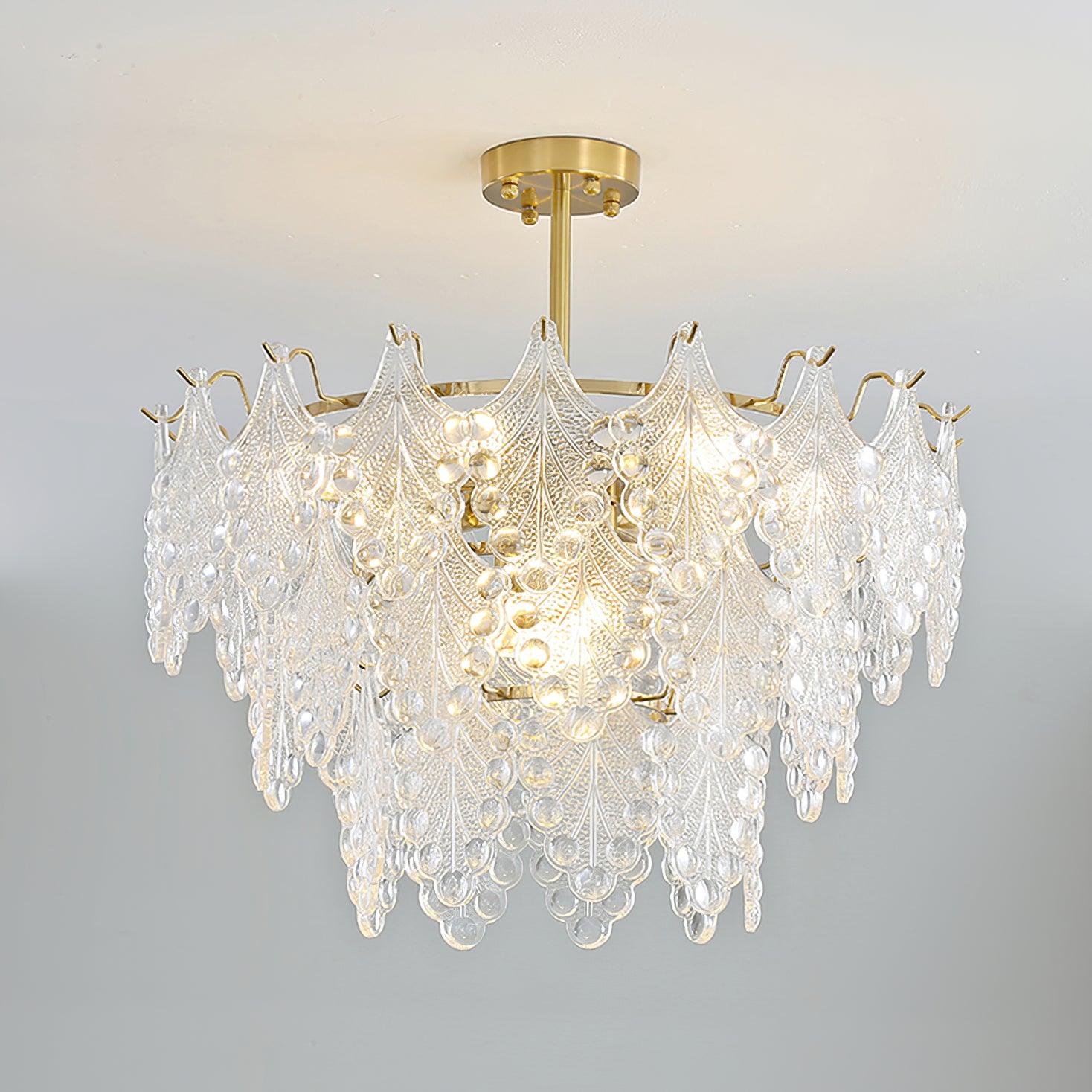 Luxury Tiered Carved Glass Chandelier Modern Wrought Iron Hanging Ceiling Lamp