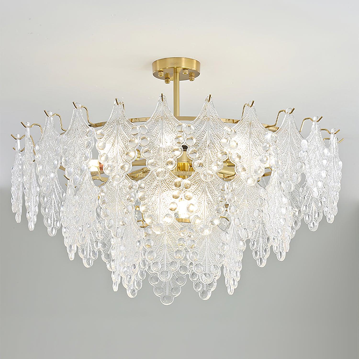 Luxury Tiered Carved Glass Chandelier Modern Wrought Iron Hanging Ceiling Lamp