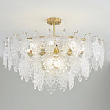Luxury Tiered Carved Glass Chandelier Modern Wrought Iron Hanging Ceiling Lamp