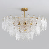 Luxury Tiered Carved Glass Chandelier Modern Wrought Iron Hanging Ceiling Lamp
