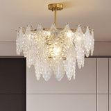 Luxury Tiered Carved Glass Chandelier Modern Wrought Iron Hanging Ceiling Lamp