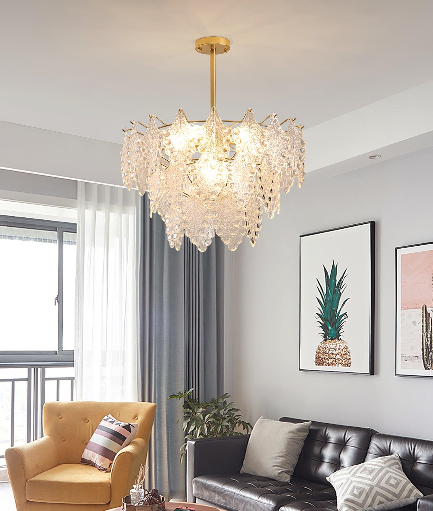 Luxury Tiered Carved Glass Chandelier Modern Wrought Iron Hanging Ceiling Lamp