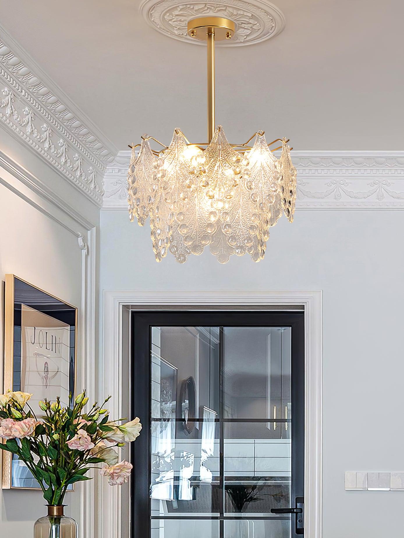 Luxury Tiered Carved Glass Chandelier Modern Wrought Iron Hanging Ceiling Lamp
