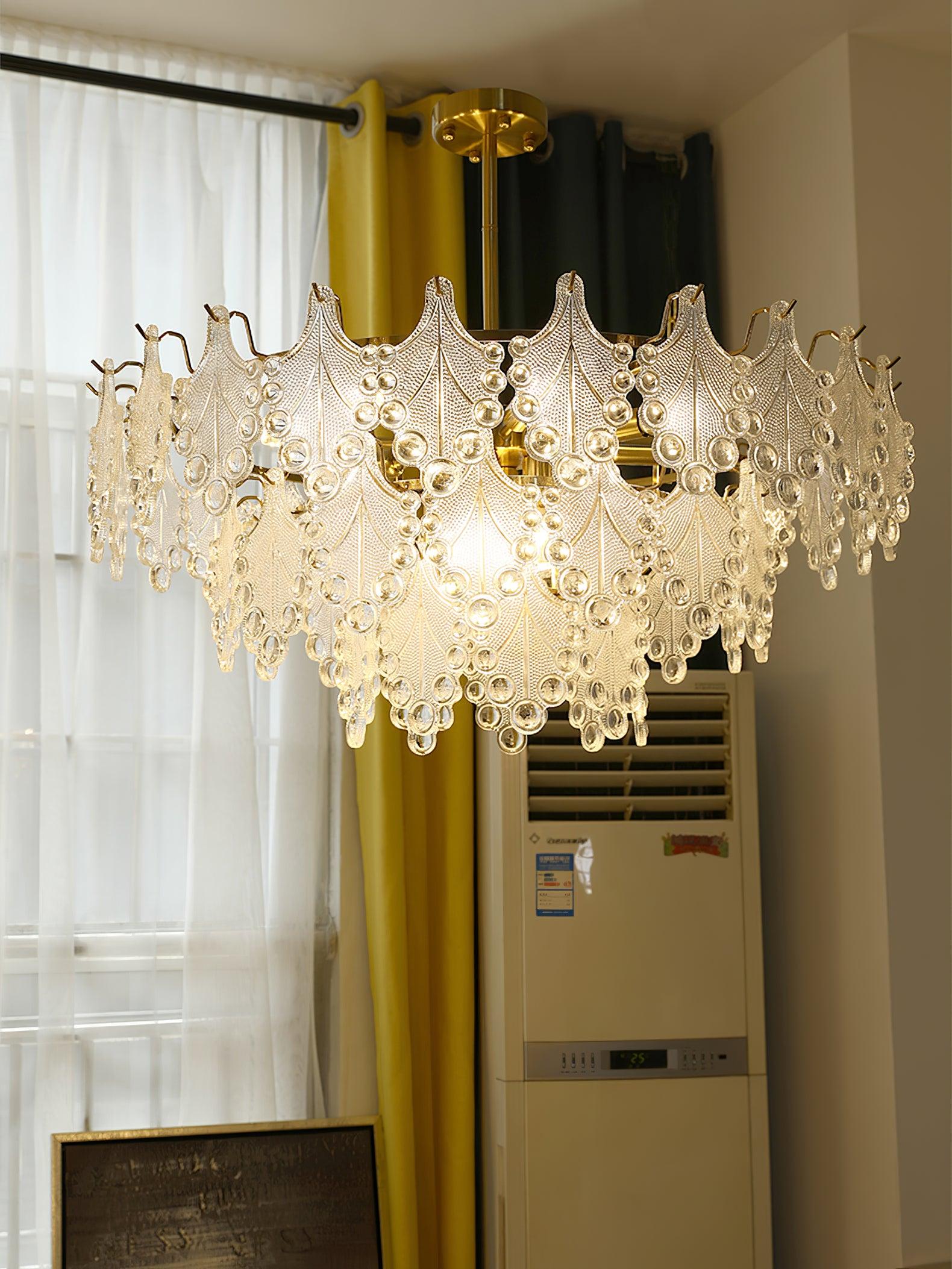 Luxury Tiered Carved Glass Chandelier Modern Wrought Iron Hanging Ceiling Lamp