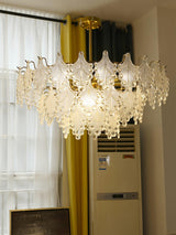 Luxury Tiered Carved Glass Chandelier Modern Wrought Iron Hanging Ceiling Lamp
