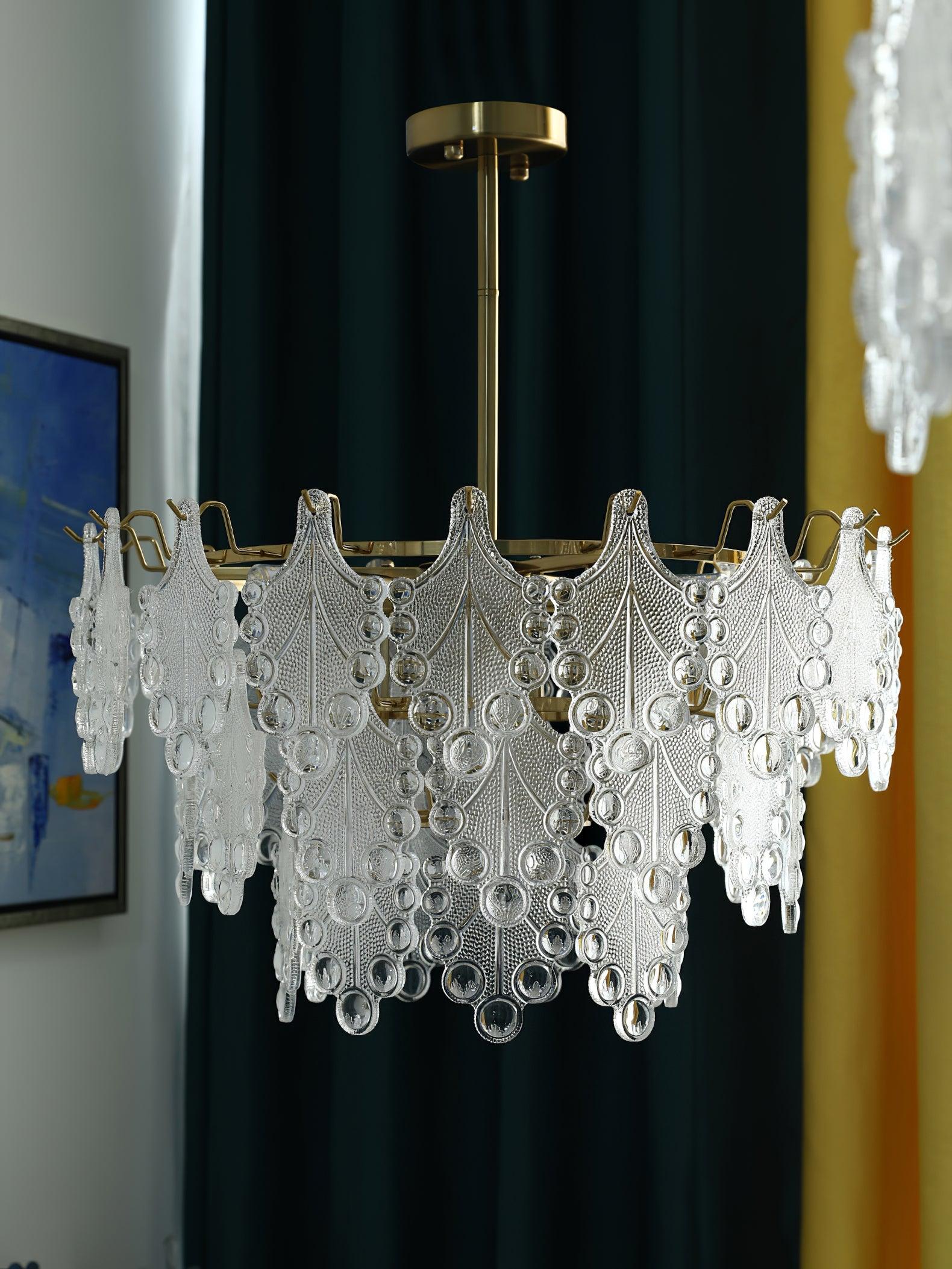 Luxury Tiered Carved Glass Chandelier Modern Wrought Iron Hanging Ceiling Lamp